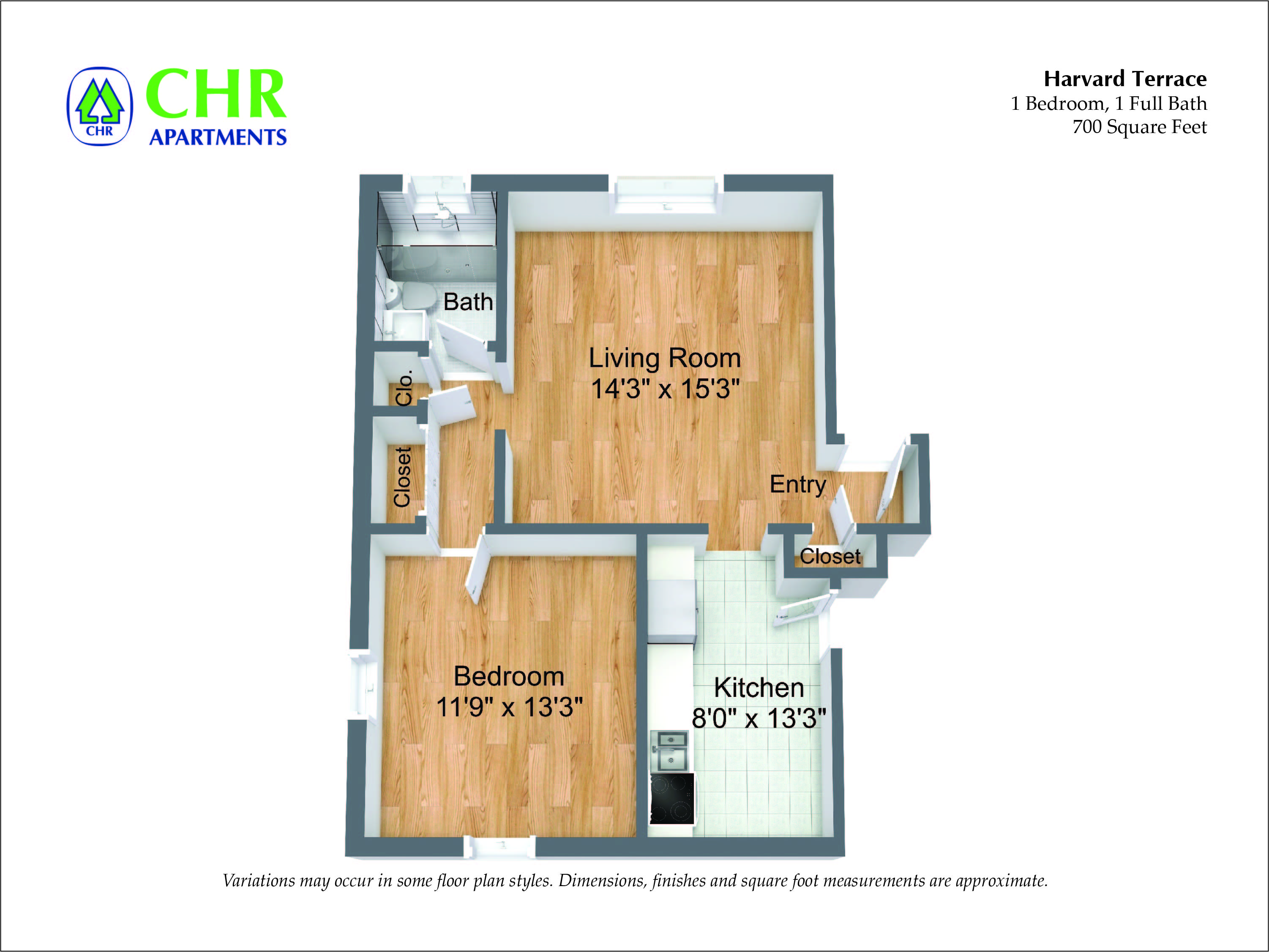 Floor plan for 1 bed, 1 bath, 700 sqft